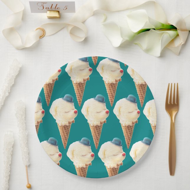 Smiling Bichon Ice Cream Pattern Teal Art Paper Plate (Wedding)