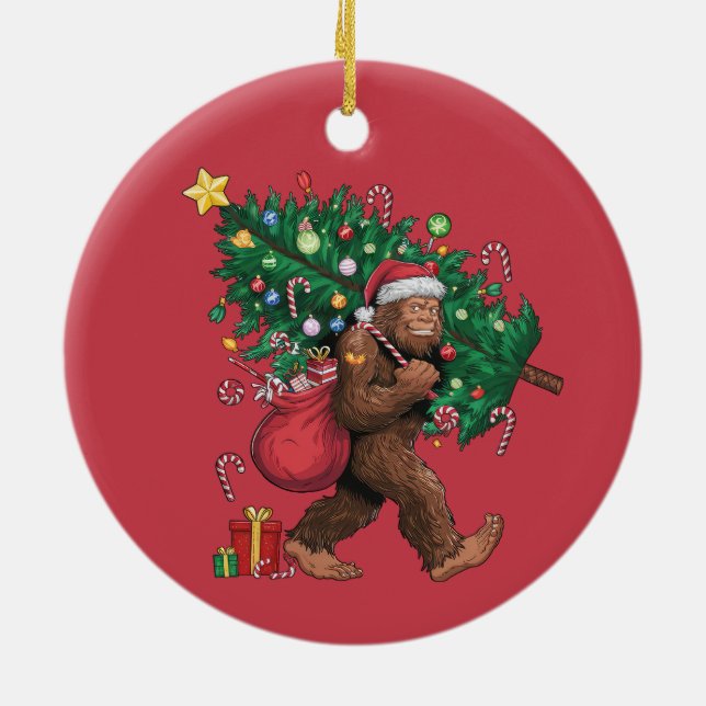 Smiling Bigfoot Red Christmas Tree Ornament (Back)