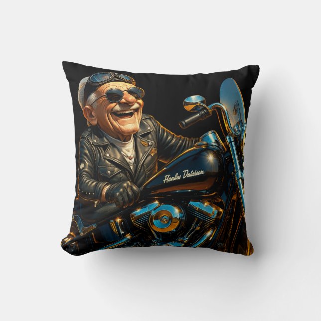 Smiling Biker Throw Pillow – Funny Harley Rider Ar (Front)