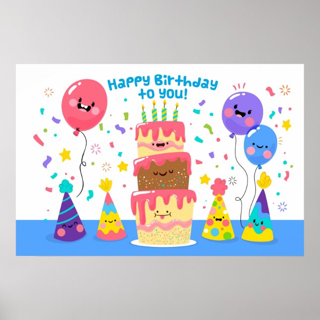 Smiling Birthday Cake And Balloons Poster (Front)