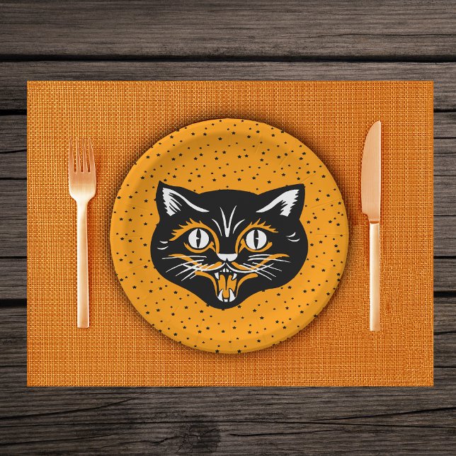 Smiling Black and Orange Halloween Cat Face Stars Paper Plate (Smiling Vintage black cat face with black stars on vibrant orange party paper plates.)