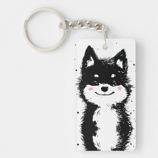 Smiling Black and White Dog Key Ring (Front)