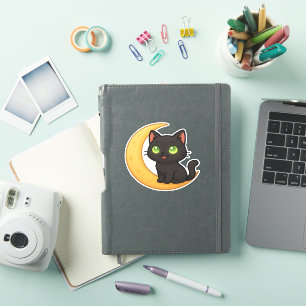 Smiling Black Cat with Glowing Green Eyes Sitting 