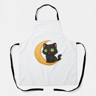 Smiling Black Cat with Glowing Green Eyes Sitting  Apron