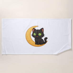 Smiling Black Cat with Glowing Green Eyes Sitting  Beach Towel