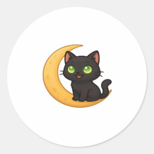Smiling Black Cat with Glowing Green Eyes Sitting  Classic Round Sticker