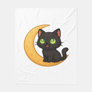 Smiling Black Cat with Glowing Green Eyes Sitting Fleece Blanket