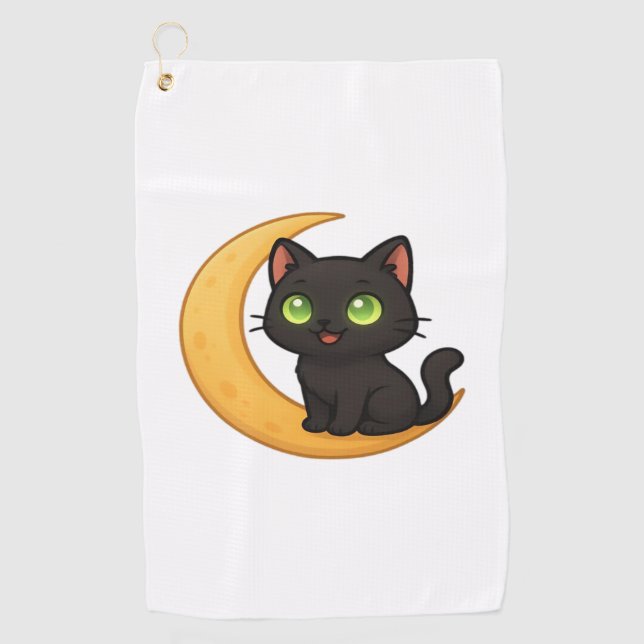 Smiling Black Cat with Glowing Green Eyes Sitting  Golf Towel (Front)