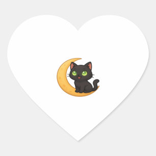 Smiling Black Cat with Glowing Green Eyes Sitting  Heart Sticker