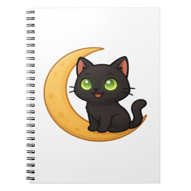 Smiling Black Cat with Glowing Green Eyes Sitting  Notebook (Front)