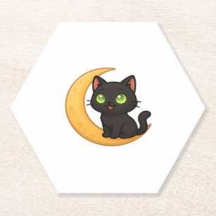 Smiling Black Cat with Glowing Green Eyes Sitting Paper Coaster