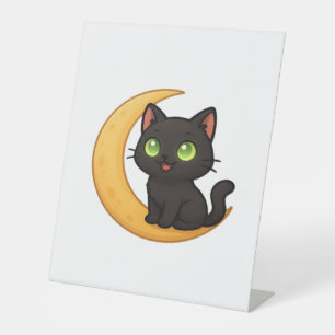 Smiling Black Cat with Glowing Green Eyes Sitting Pedestal Sign