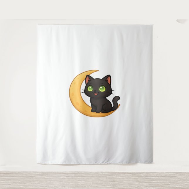Smiling Black Cat with Glowing Green Eyes Sitting  Tapestry (Front)