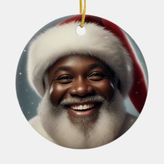 Smiling Black Santa Family Customise Circle Ceramic Ornament (Front)