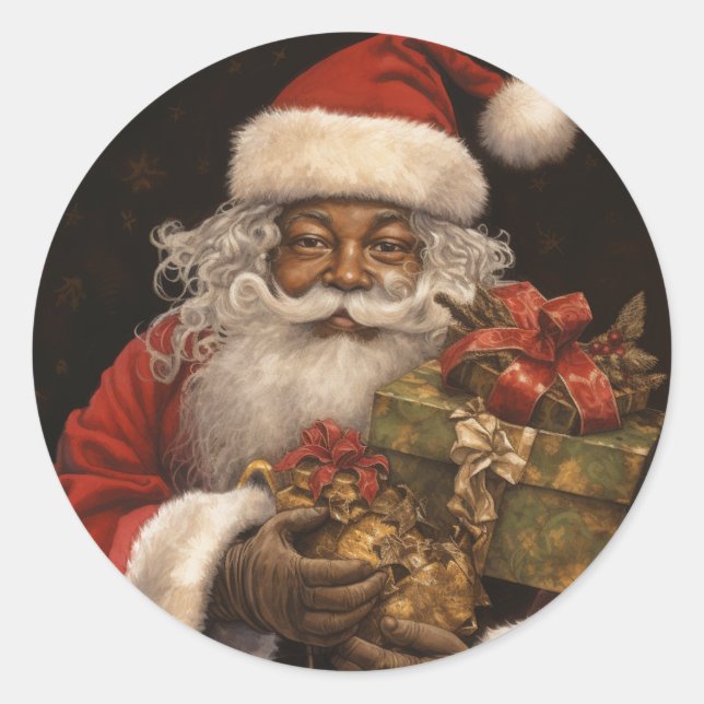 Smiling Black Santa: Season's Greetings Classic Round Sticker (Front)