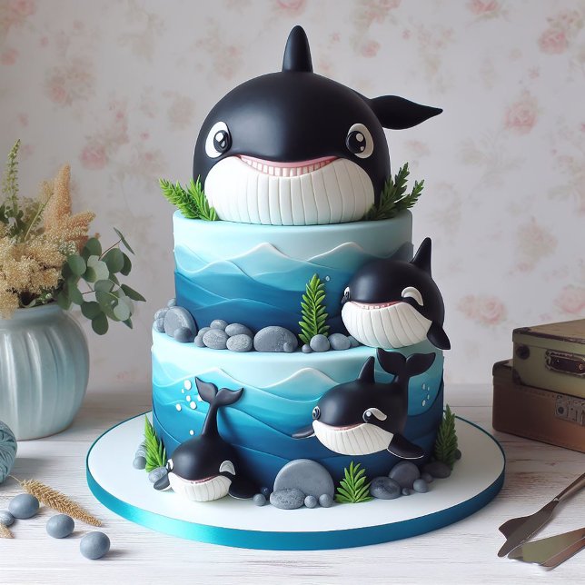 SMILING BLACK & WHITE ORCA WHALE BIRTHDAY CAKE CARD (Creator Uploaded)