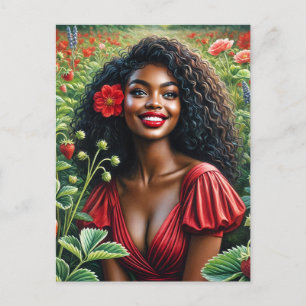 Smiling Black Woman In Red Strawberry Art Postcard
