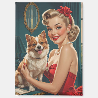 Smiling Blonde Pin-Up in red Dress with Cute Dog Magnet