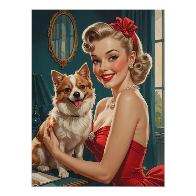 Smiling Blonde Pin-Up in red Dress with Cute Dog Poster (Front)