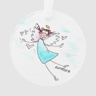 Smiling blue gowned angel bringing hearts of love ornament