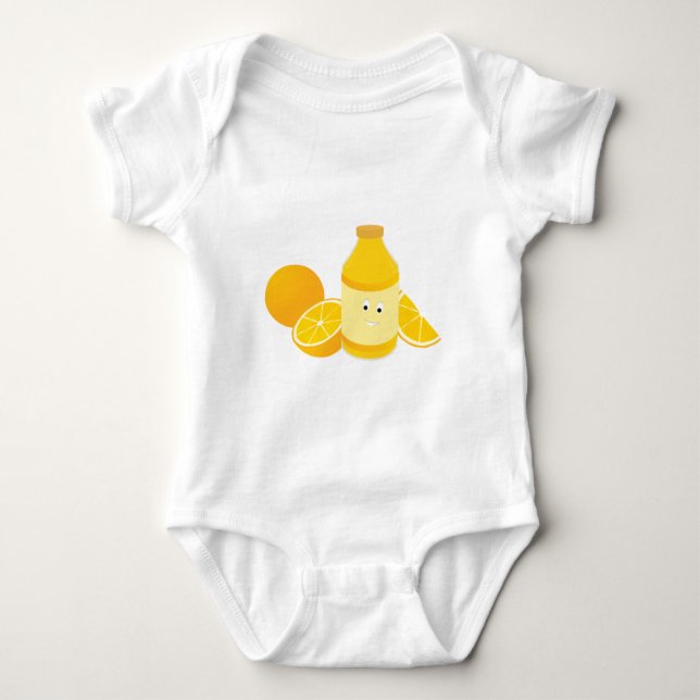 Smiling bottle of orange juice with oranges baby bodysuit (Front)