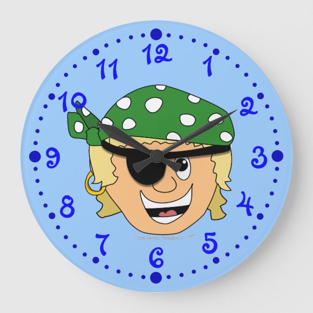 Smiling Boy Pirate Kids Wall Clock w/ Minutes (Front)