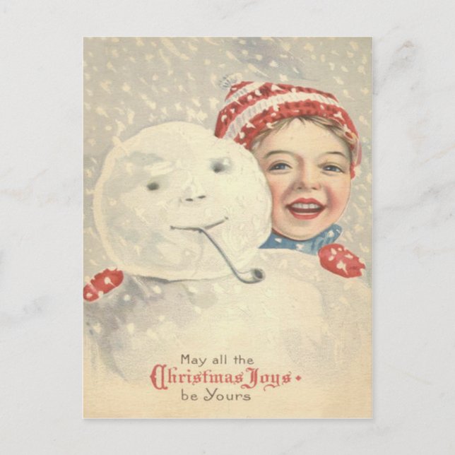 Smiling Boy Snowman Snow Pipe Knit Hat Postcard (Front)