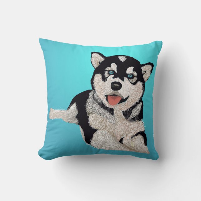 Smiling Bright Husky Puppy against Beautiful Aqua Cushion (Front)