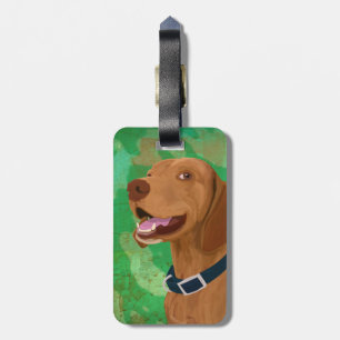 Smiling Brown Vizsla on Green Background Luggage Tag