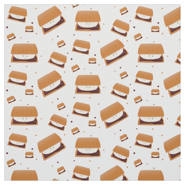 Smiling Brown White Illustrated S'more Pattern Fabric (Swatch)