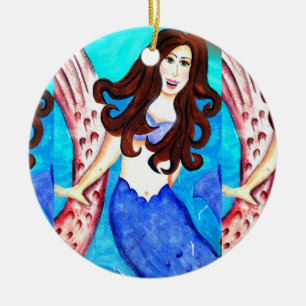smiling brunette mermaid ceramic ornament