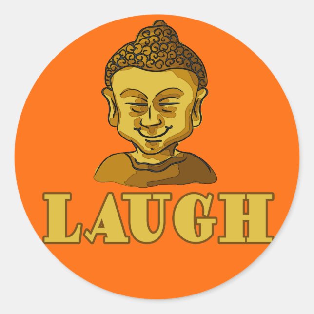 Smiling Buddha with Text LAUGH Tees and Gifts Classic Round Sticker (Front)
