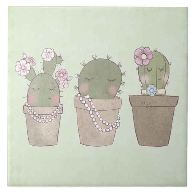 Smiling Cactus Trio Watercolor Design Ceramic Tile (Front)