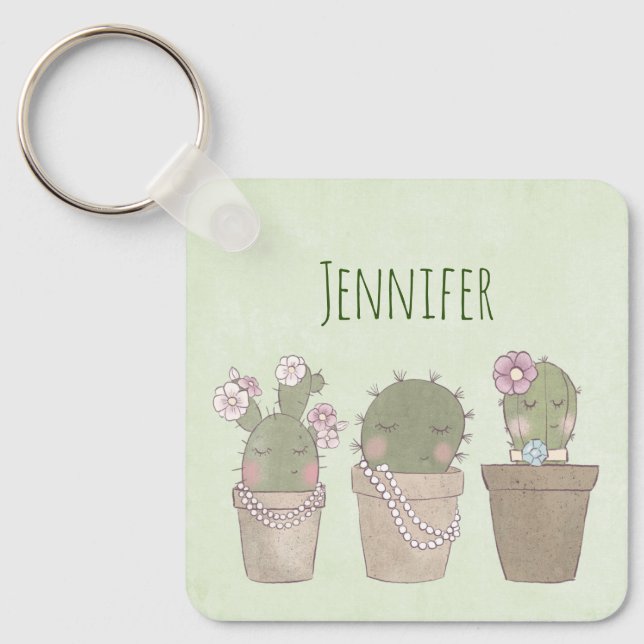 Smiling Cactus Trio Watercolor Design Key Ring (Front)