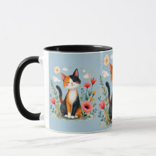 Smiling Calico Cat in Blooming Garden Blue Mug