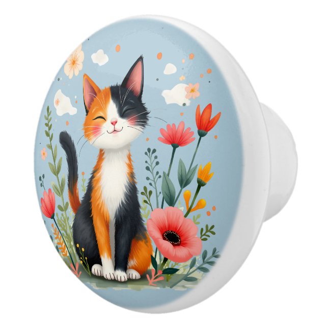 Smiling Calico Cat in Blooming Garden Ceramic Knob (Right)