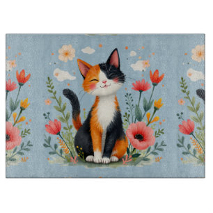 Smiling Calico Cat in Blooming Garden Cutting Board