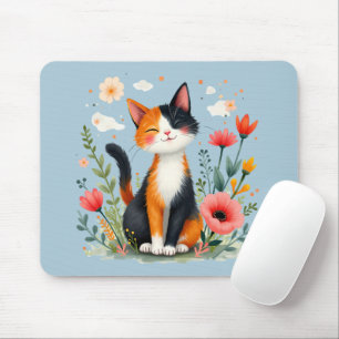 Smiling Calico Cat in Blooming Garden Mouse Pad