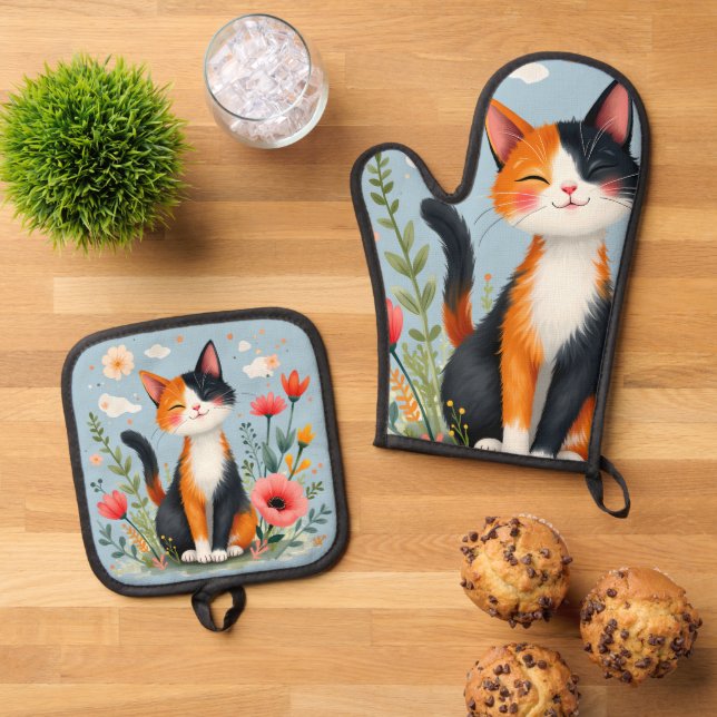 Smiling Calico Cat in Blooming Garden Oven Mitt & Pot Holder Set (Top Down)