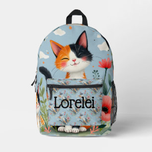 Smiling Calico Cat in Blooming Garden Printed Backpack