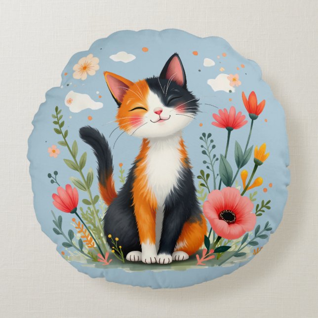 Smiling Calico Cat in Blooming Garden Round Cushion (Front)