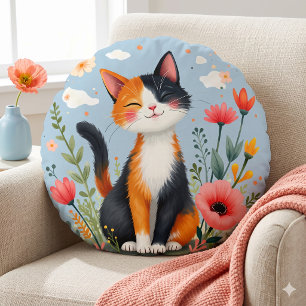 Smiling Calico Cat in Blooming Garden Round Cushion