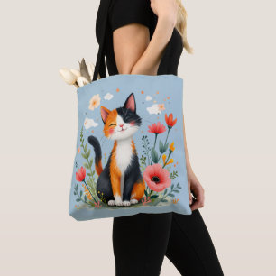 Smiling Calico Cat in Blooming Garden Tote Bag