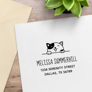 Smiling Calico Cat Peeking above Address 2 Rubber Stamp