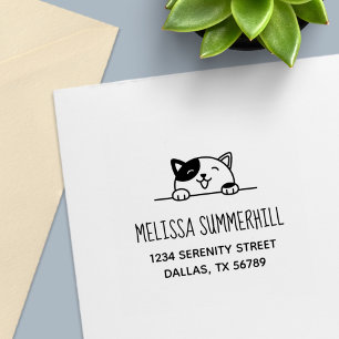 Smiling Calico Cat Peeking above Address Self-inking Stamp