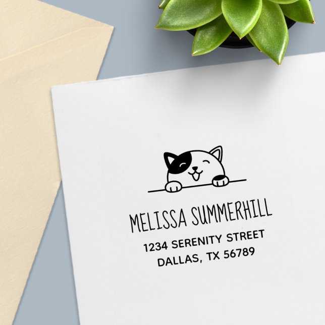 Smiling Calico Cat Peeking above Address Self-inking Stamp (Creator Uploaded)