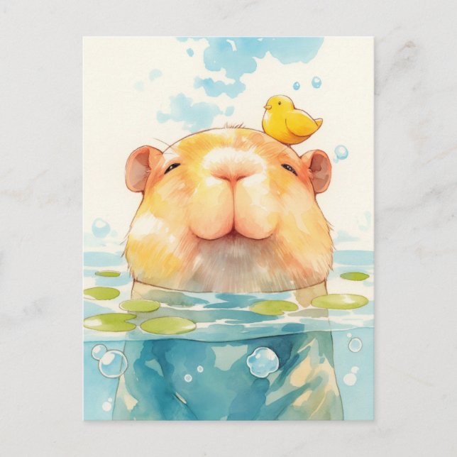 Smiling Capybara Swimming with Small Yellow Bird Postcard (Front)