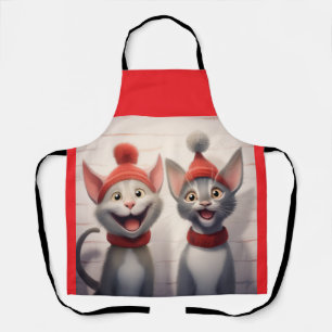 Smiling Cartoon Cats With Red Hats And Collars Apron