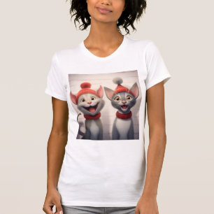 Smiling Cartoon Cats With Red Hats And Collars T-Shirt