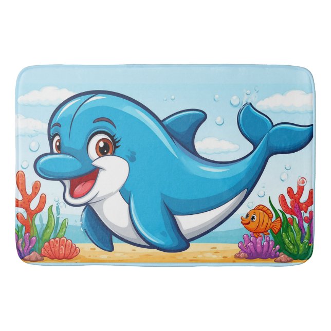 Smiling Cartoon Dolphin Swimming  Bath Mat (Front)